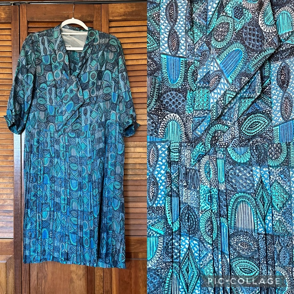 1950s vintage volup blue green mid century modern dress size XL